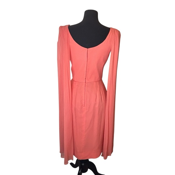 Retro Vintage 60s Coral Chiffon Draped Neckline Dress – Elegant Sleeveless Small - Picture 4 of 15